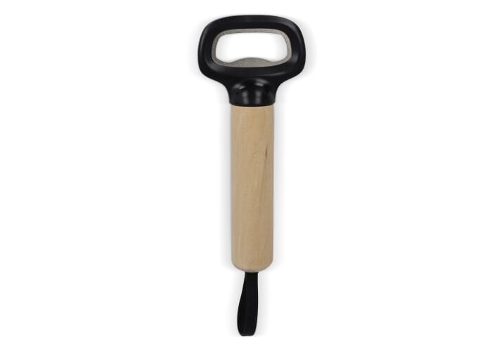 Flesopener met houten handvat en riem